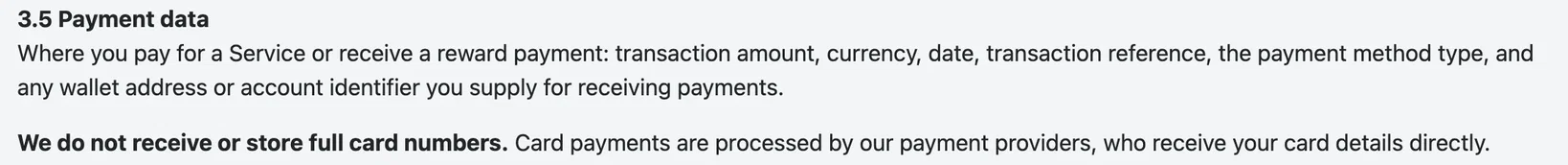 ภาพหน้าจอนโยบายความเป็นส่วนตัวหัวข้อ 3.5 Payment data ระบุการเก็บข้อมูลการชำระเงิน รวมถึงที่อยู่กระเป๋าเงินหรือบัญชีสำหรับรับเงิน